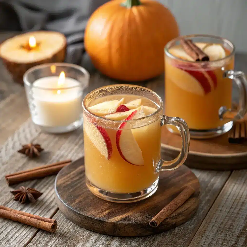 apple cider halloween punch served in mugs with apple garnish