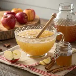 stirring apple cider halloween punch in glass bowl