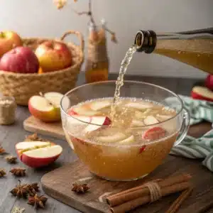 pouring ginger ale into apple cider halloween punch