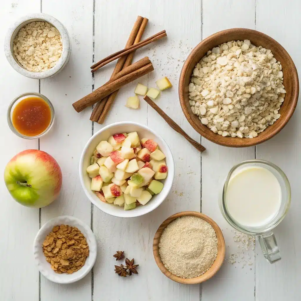 Ingredients for high-protein apple pie overnight oats arranged on a table