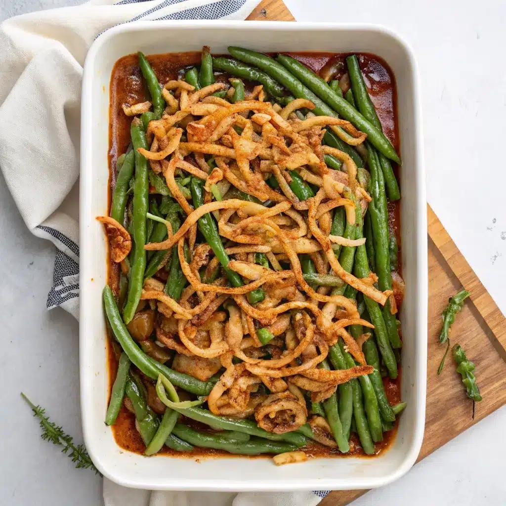 Green bean casserole topped with fried onions before baking
