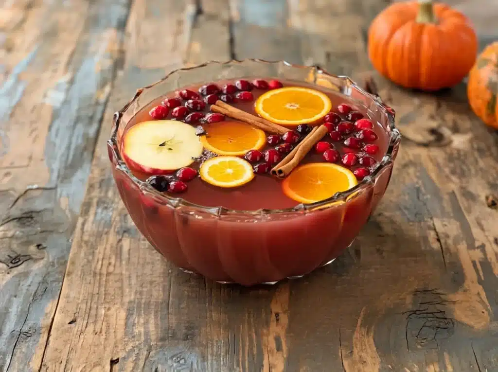 autumn punch mocktail served in punch bowl with apple slices