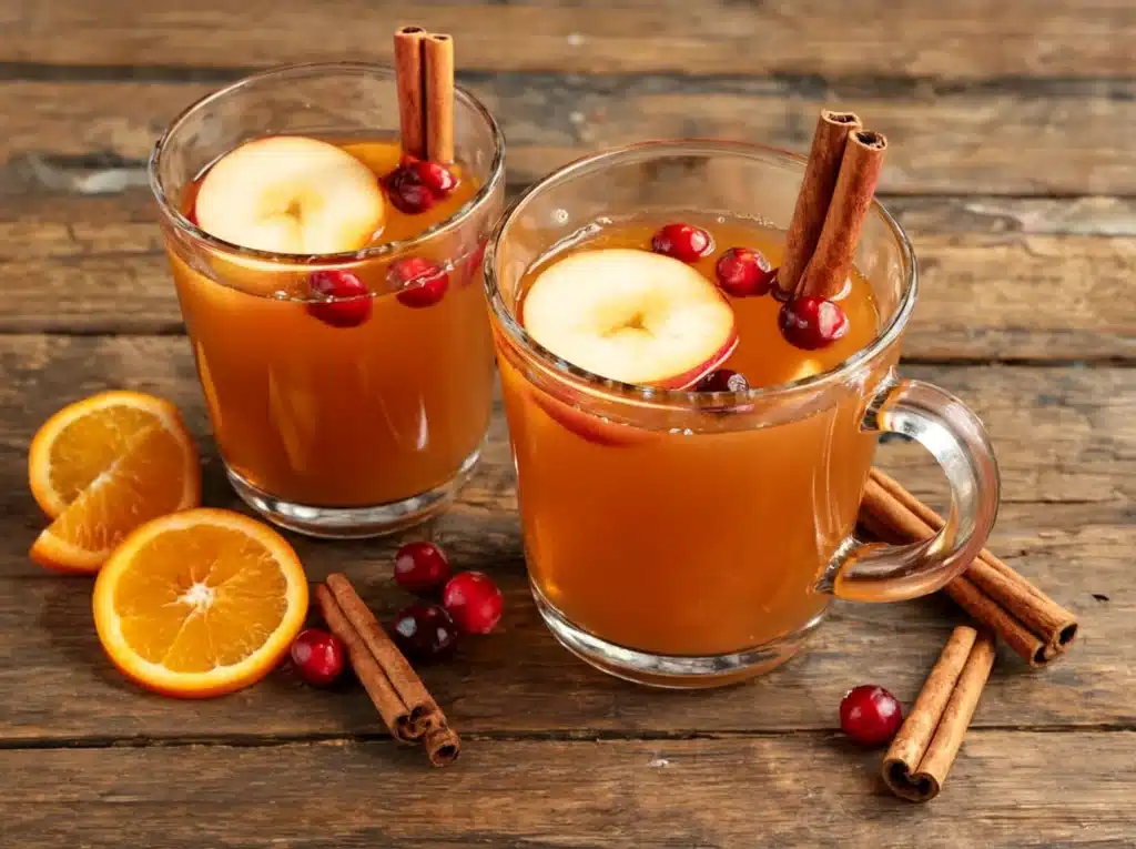 autumn punch mocktail served in mugs with fruit garnish