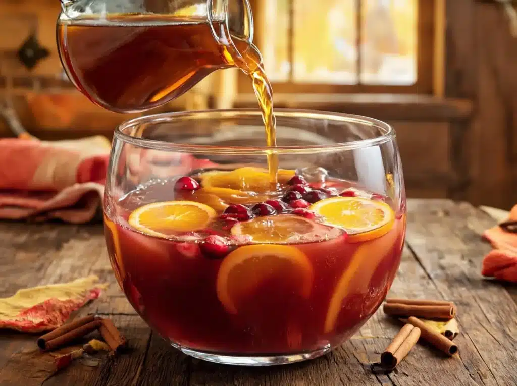 pouring juices into punch bowl for autumn punch mocktail