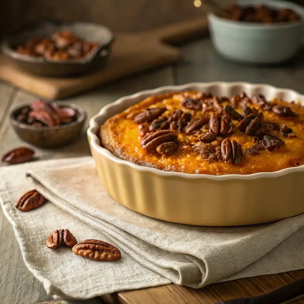 Golden savory sweet potato casserole with pecans baked with a crunchy topping.