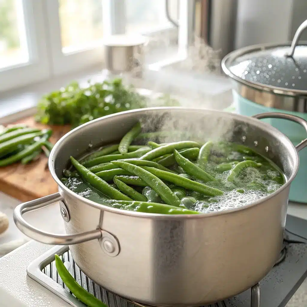Green beans boiling in salted water before baking in casserole