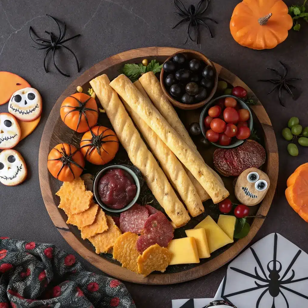 Halloween charcuterie board with breadstick bones, meats, cheese, and decorations