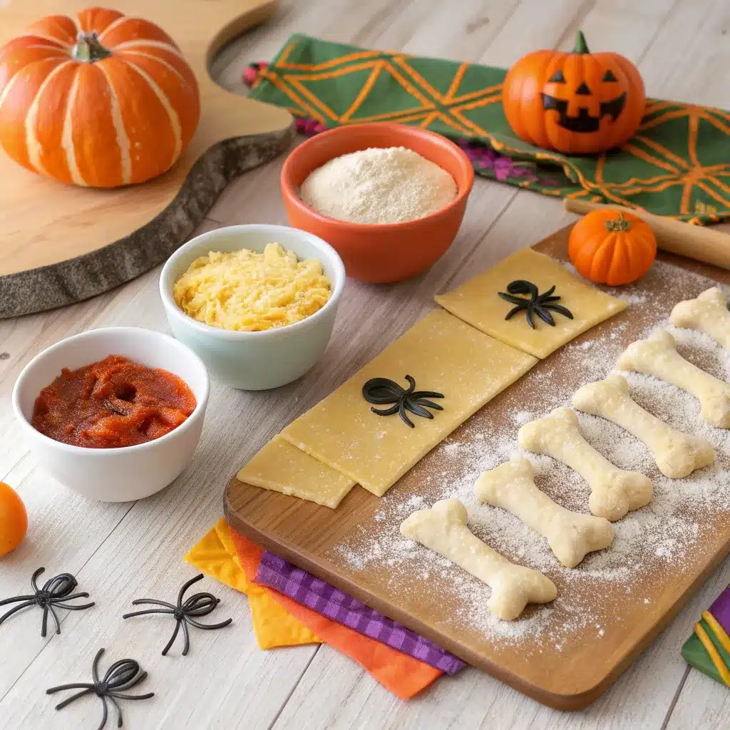 DIY Halloween breadstick bone station with dough, cheese, and festive props