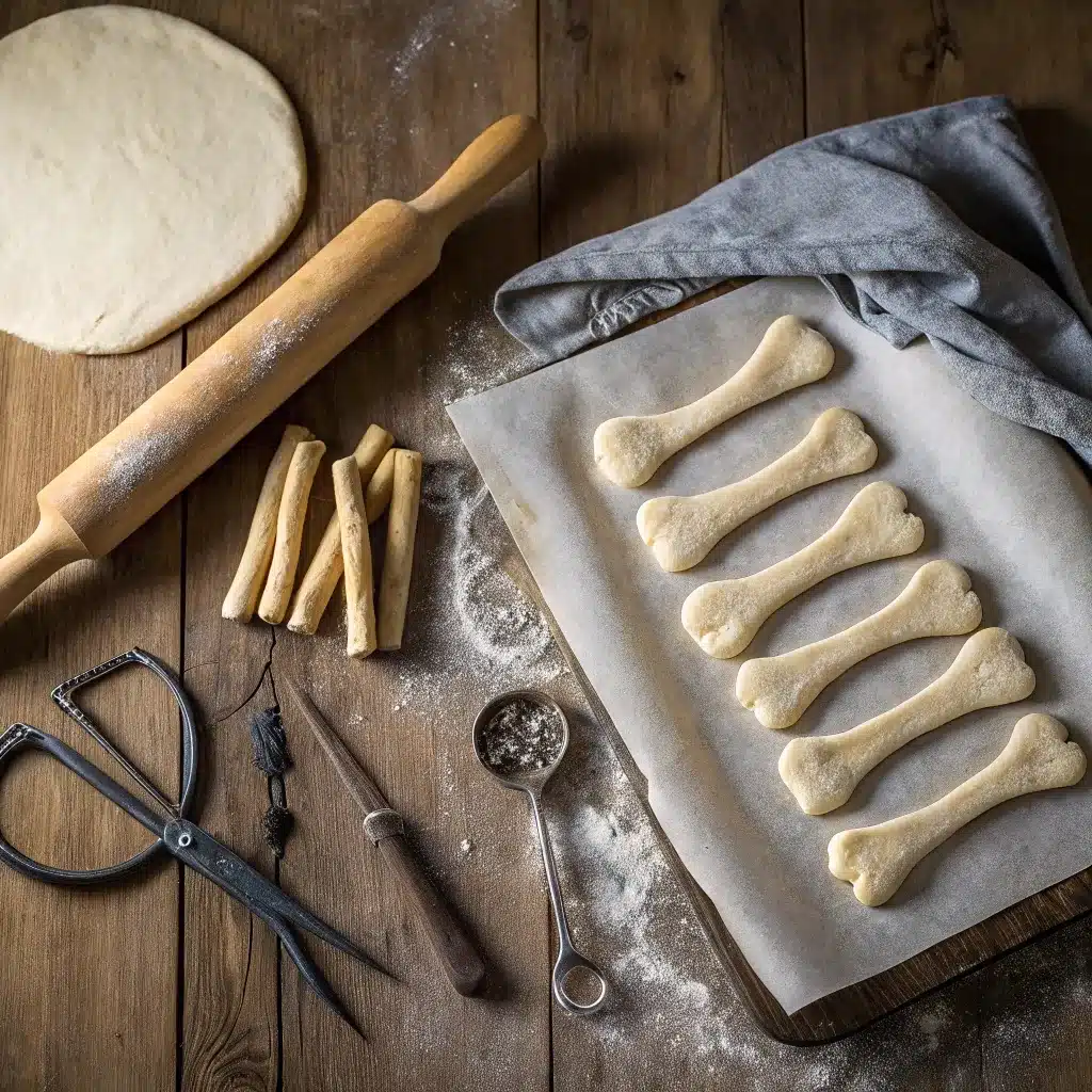 Bone-shaped pizza dough pieces arranged on floured surface with scissors