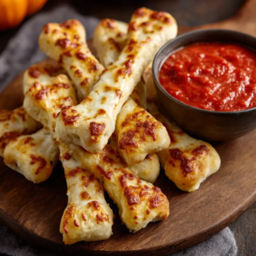 Cheesy Halloween breadstick bones served with marinara dip on a spooky Halloween-themed tray