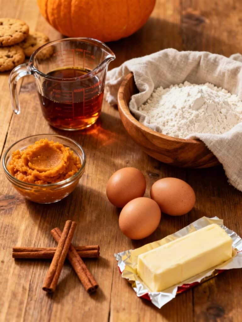 Fall ingredients for chewy maple pumpkin cookies laid out on kitchen counter