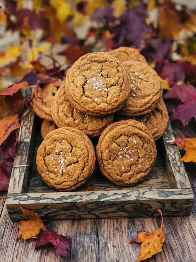 Chewy maple pumpkin cookies stacked on wooden tray with fall leaves