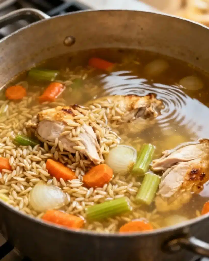lemon chicken orzo soup simmering in pot