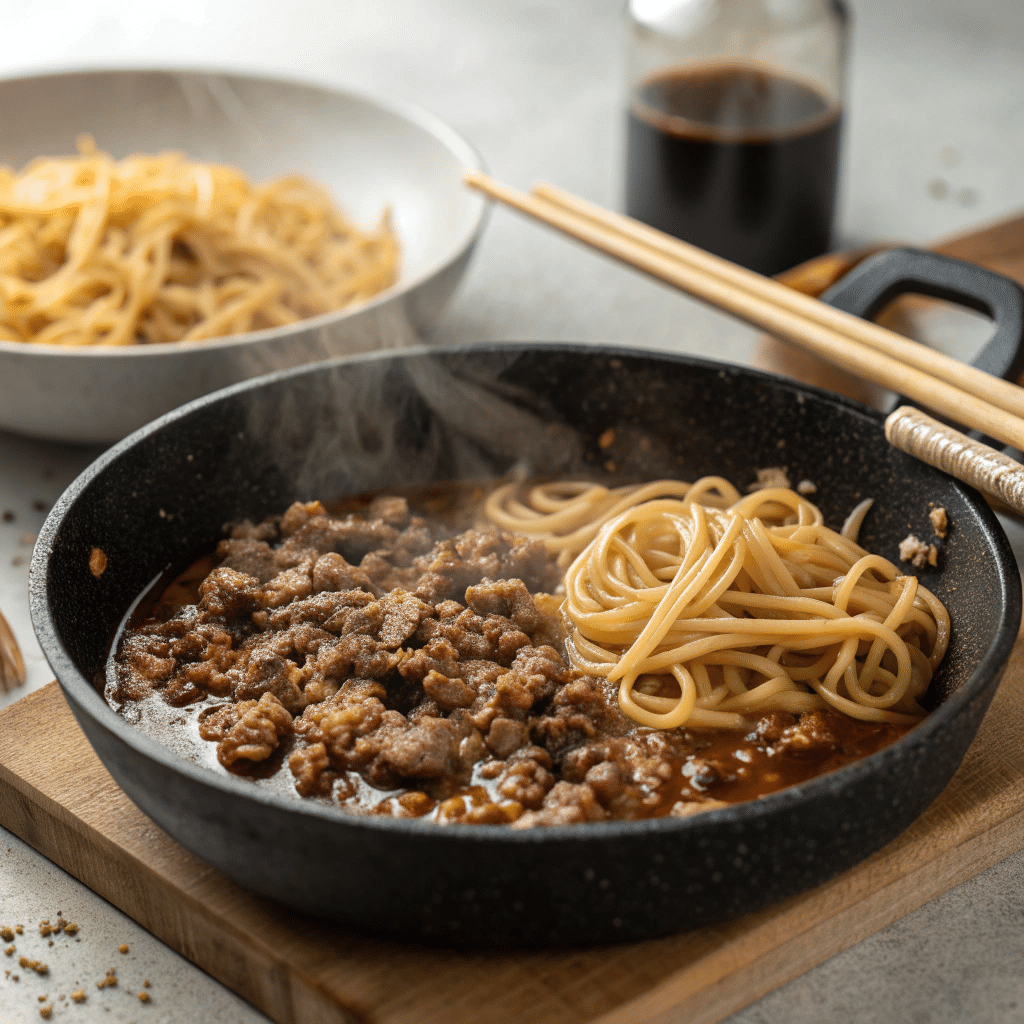 Cooking Mongolian ground beef noodles in skillet