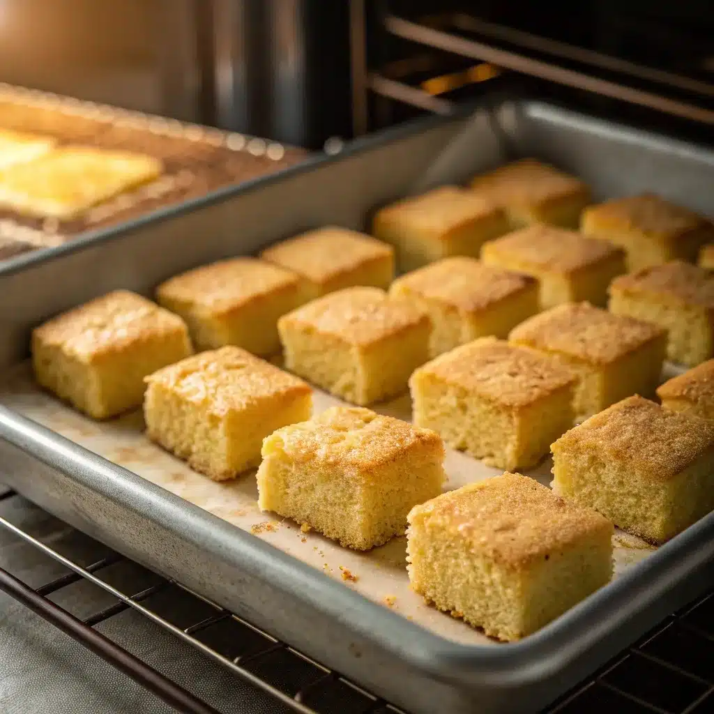 cornbread stuffing without sausage cubes drying on a sheet pan