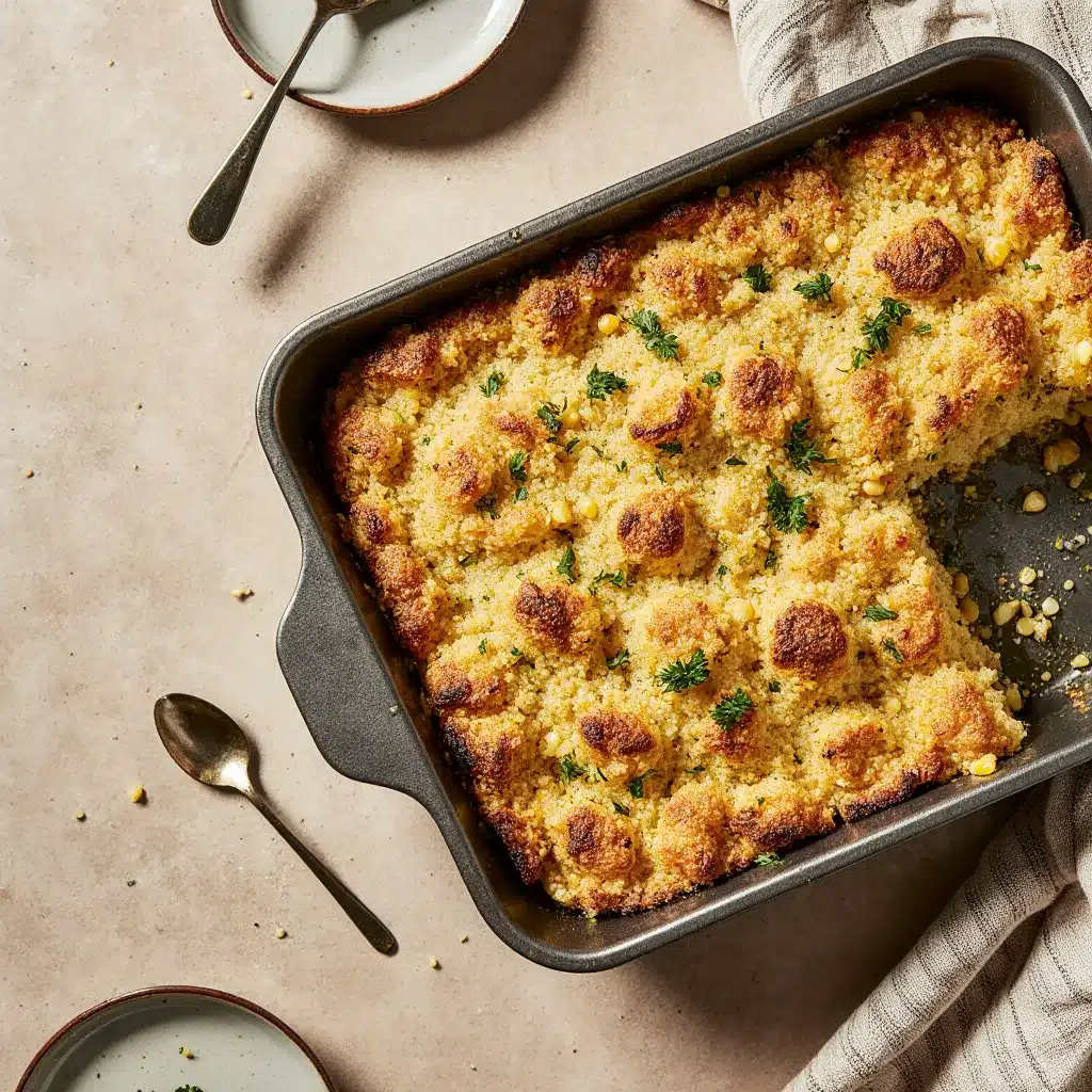 cornbread stuffing without sausage baked golden in a 9×13 pan