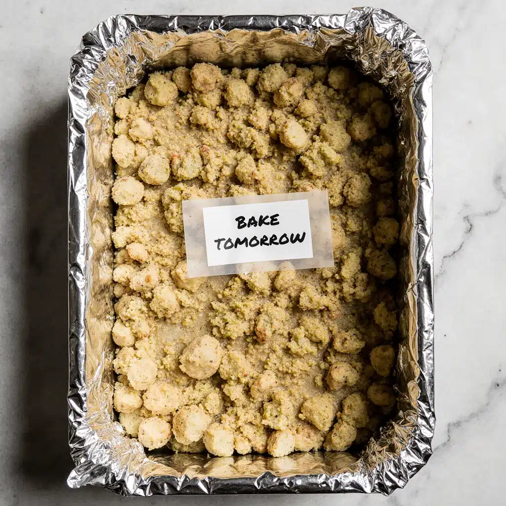 cornbread stuffing without sausage assembled in dish and covered for refrigeration