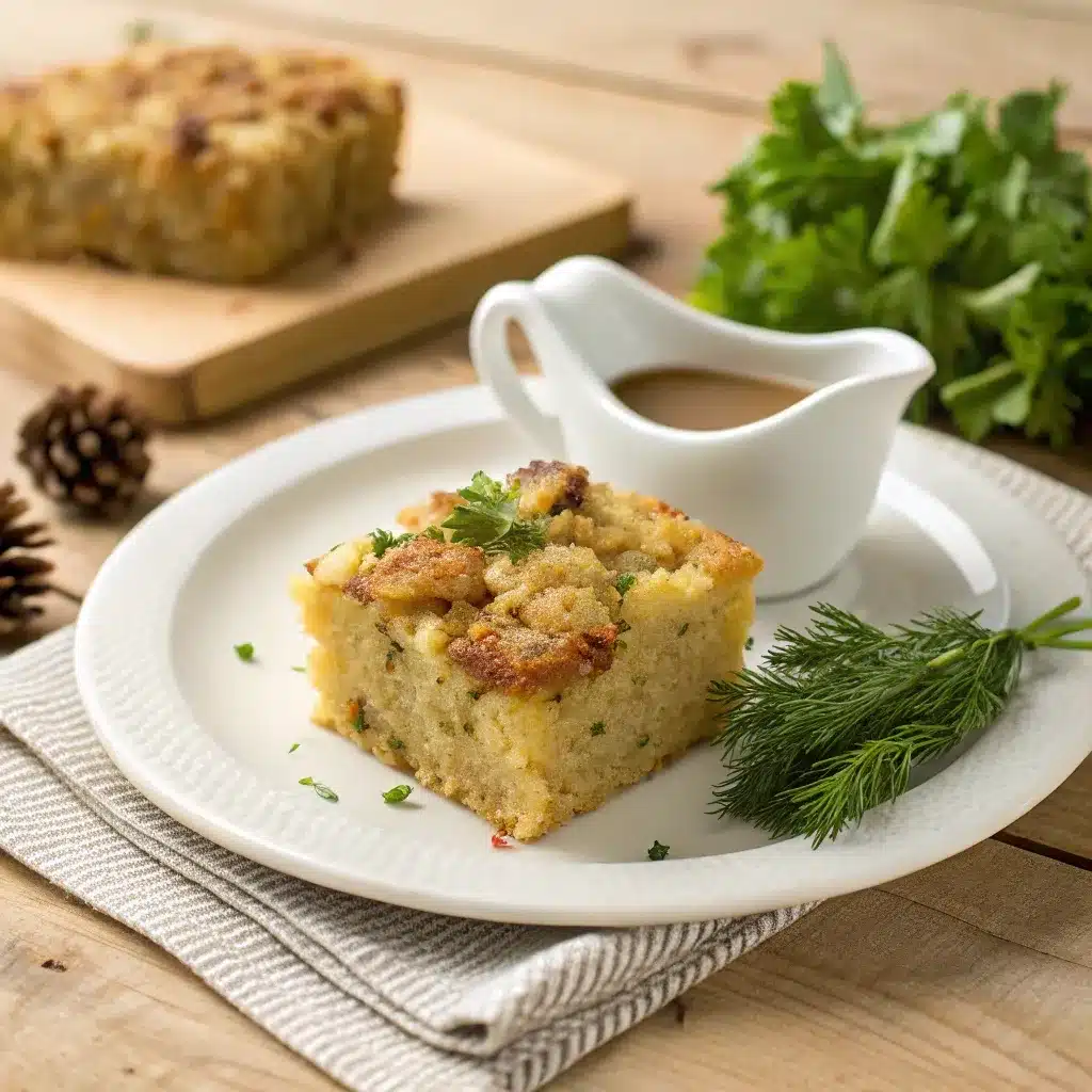 cornbread stuffing without sausage plated with salad and gravy on the side