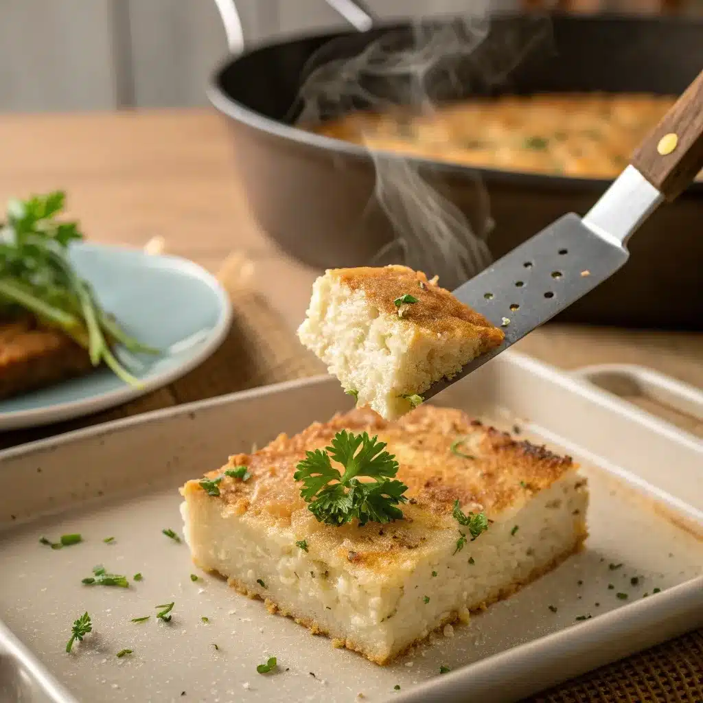 cornbread stuffing without sausage slice showing crisp top and moist interior