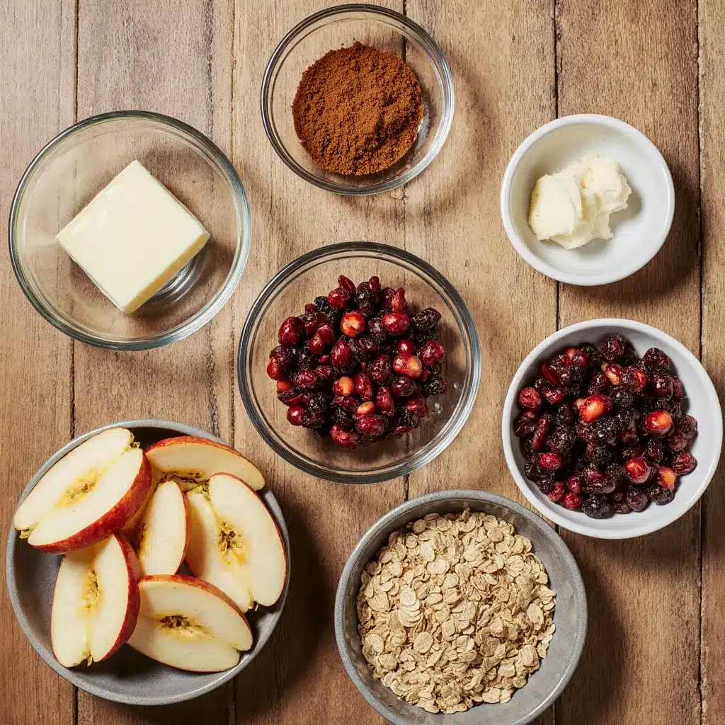 Ingredients for cranberry apple crisp with oat topping