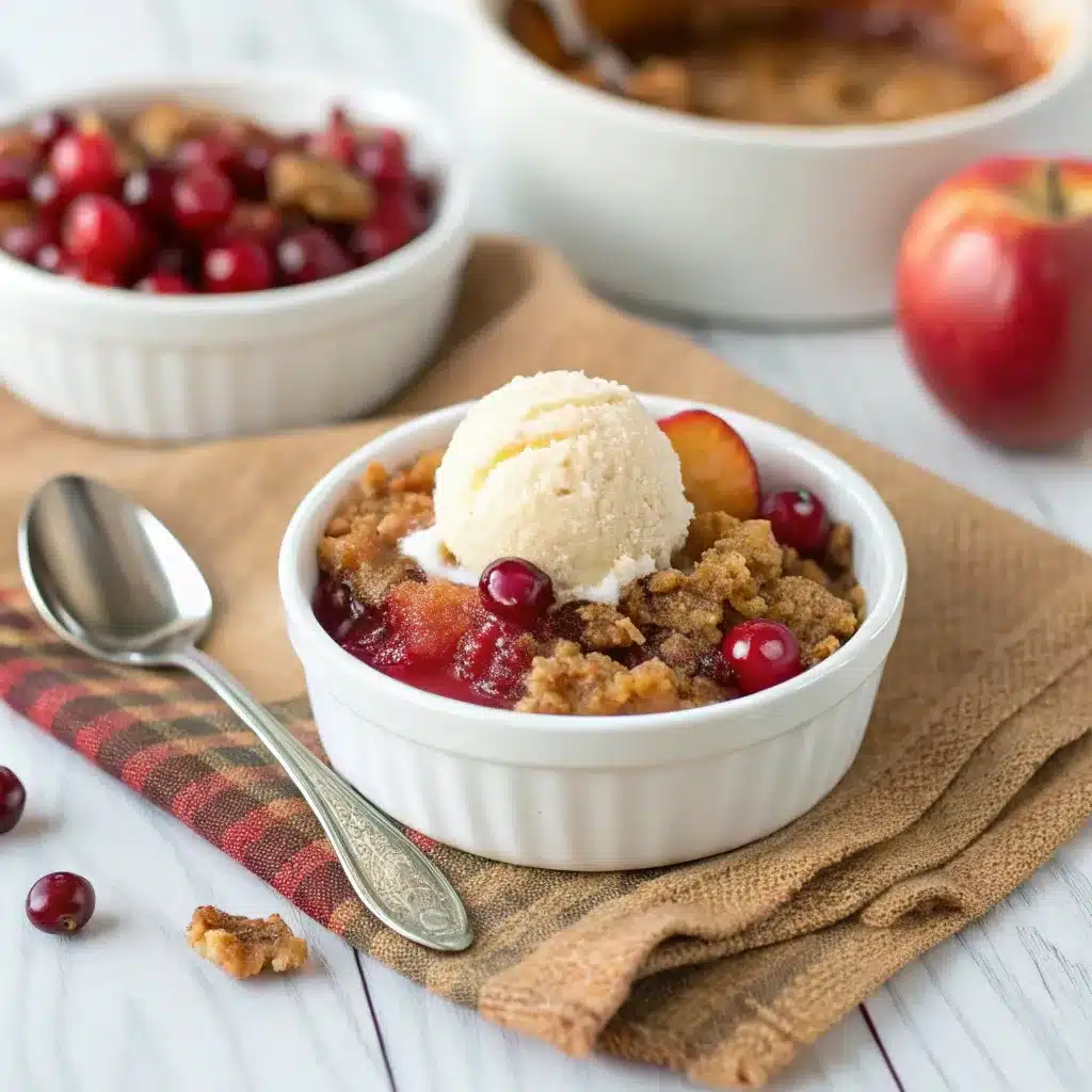Cranberry apple crisp with oat topping served with ice cream
