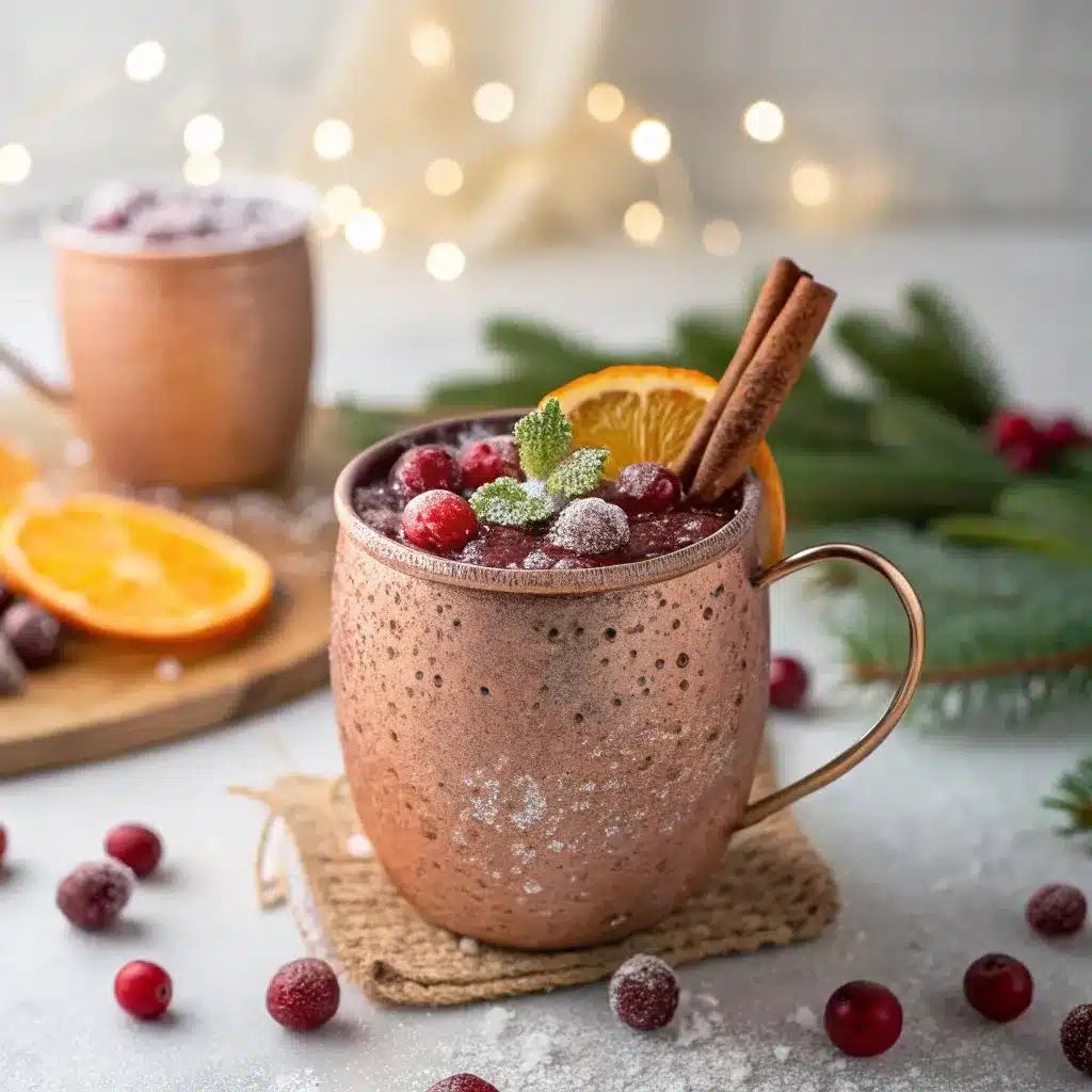 Festive cranberry Moscow Mule mocktail in a copper mug with sugared cranberries and citrus.