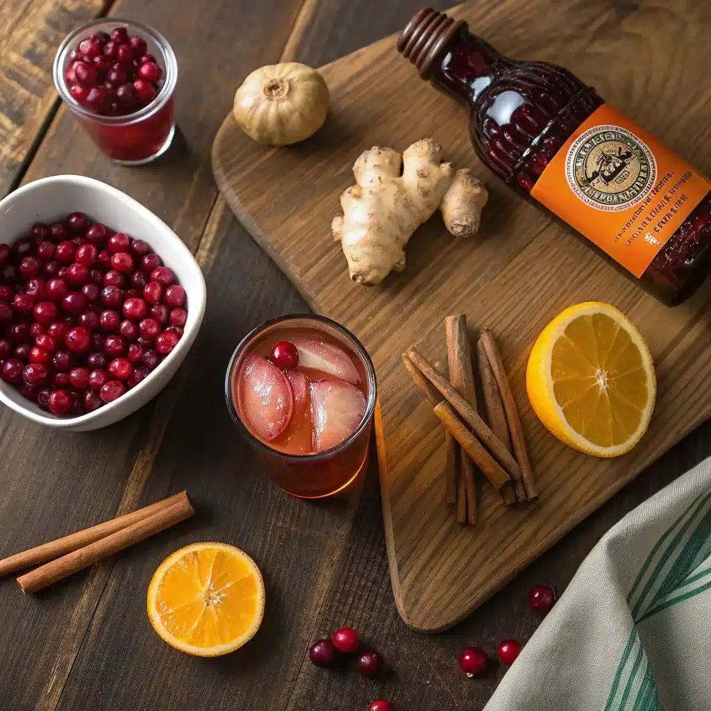 Ingredients for cranberry Moscow Mule mocktail including cranberry juice, ginger beer, orange, and cranberries.