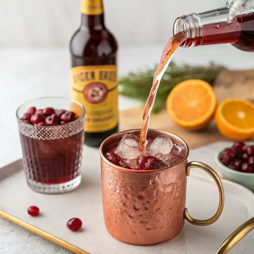 Cranberry juice being poured into a copper mug for cranberry Moscow Mule mocktail.
