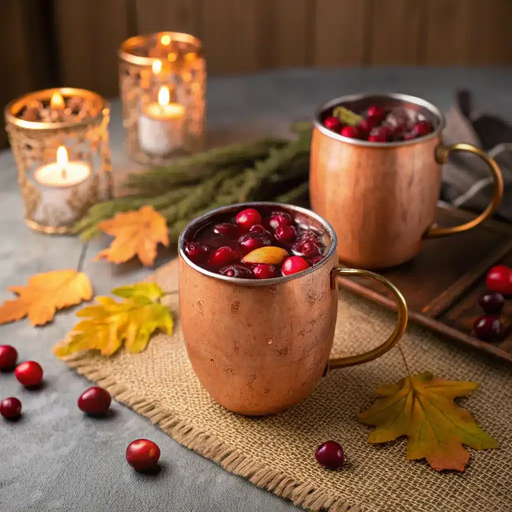 Two cranberry Moscow Mule mocktails served in copper mugs on a holiday table.