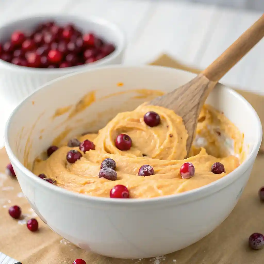 Batter for cranberry orange bread with glaze being mixed with cranberries.