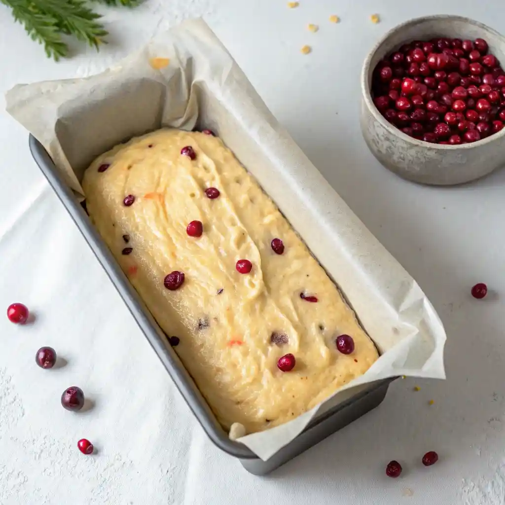 Cranberry orange bread batter in loaf pan ready to bake.