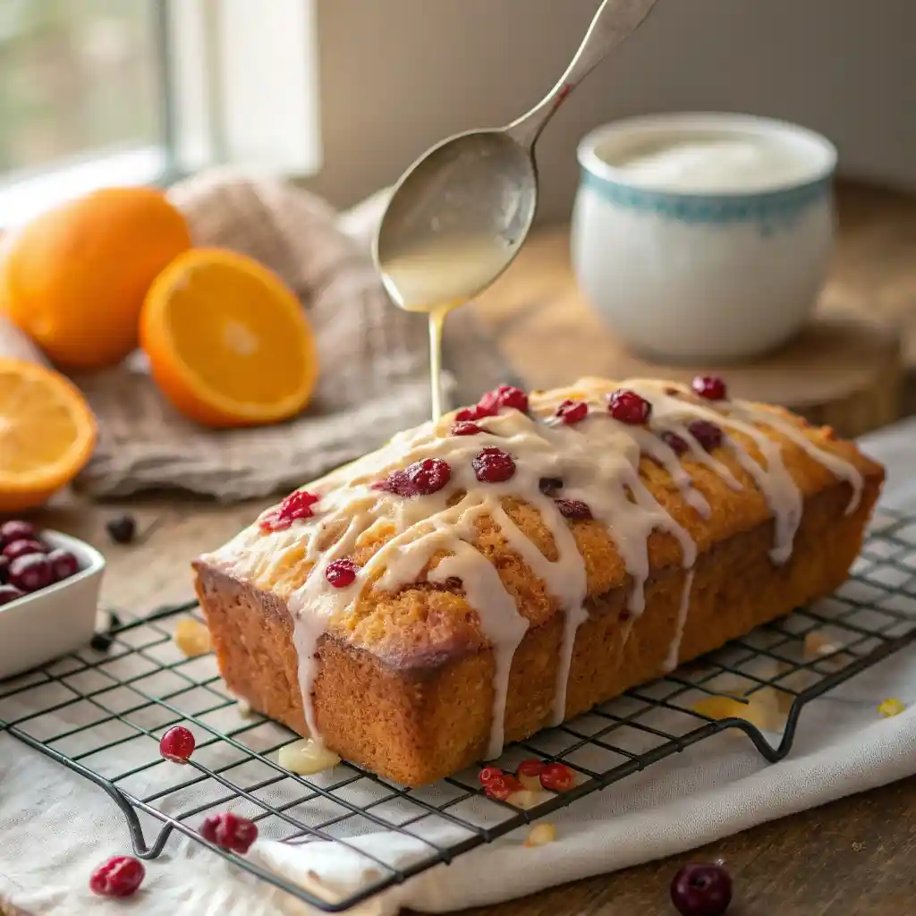 Orange glaze being poured over cranberry orange bread loaf.