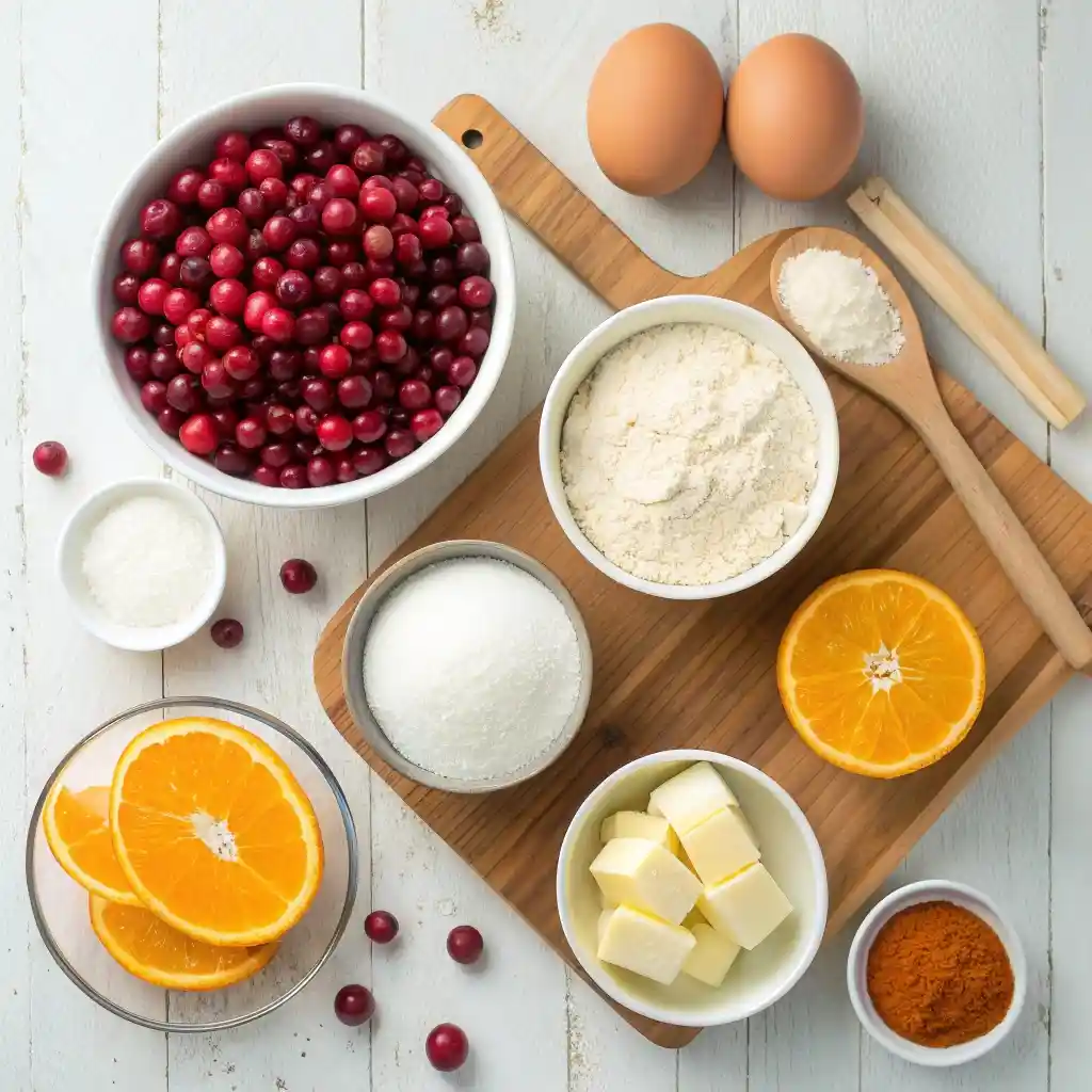 Ingredients for cranberry orange bread with glaze including cranberries and oranges.