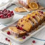 Sliced cranberry orange bread with glaze served on a holiday plate.