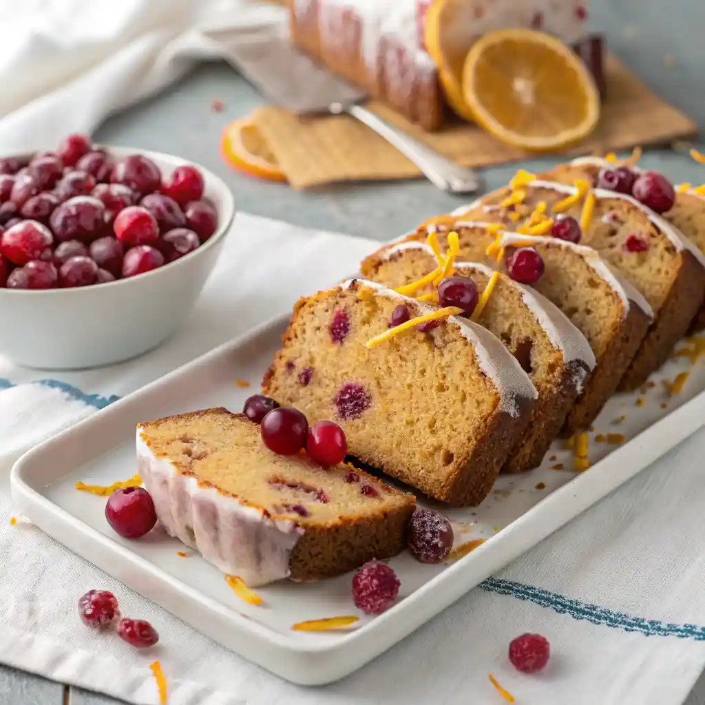 Sliced cranberry orange bread with glaze served on a holiday plate.
