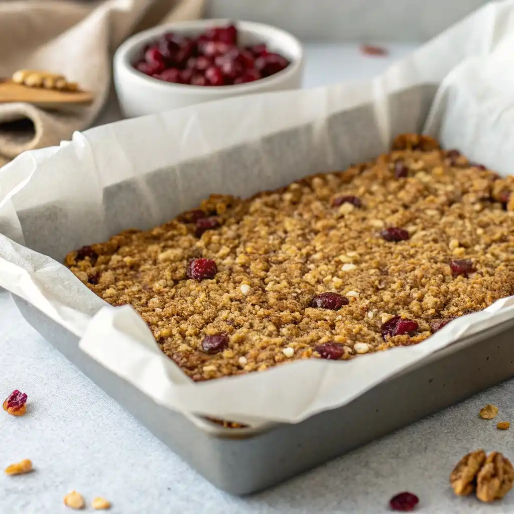 Oat crust pressed into a baking pan for cranberry pecan pie bars.