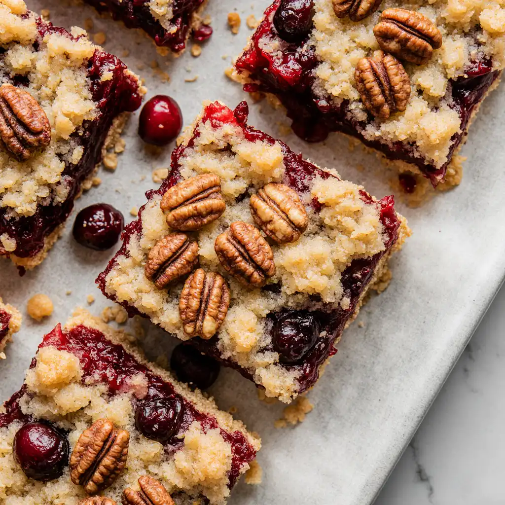 Golden cranberry pecan pie bars with oat crust and gooey cranberry filling.