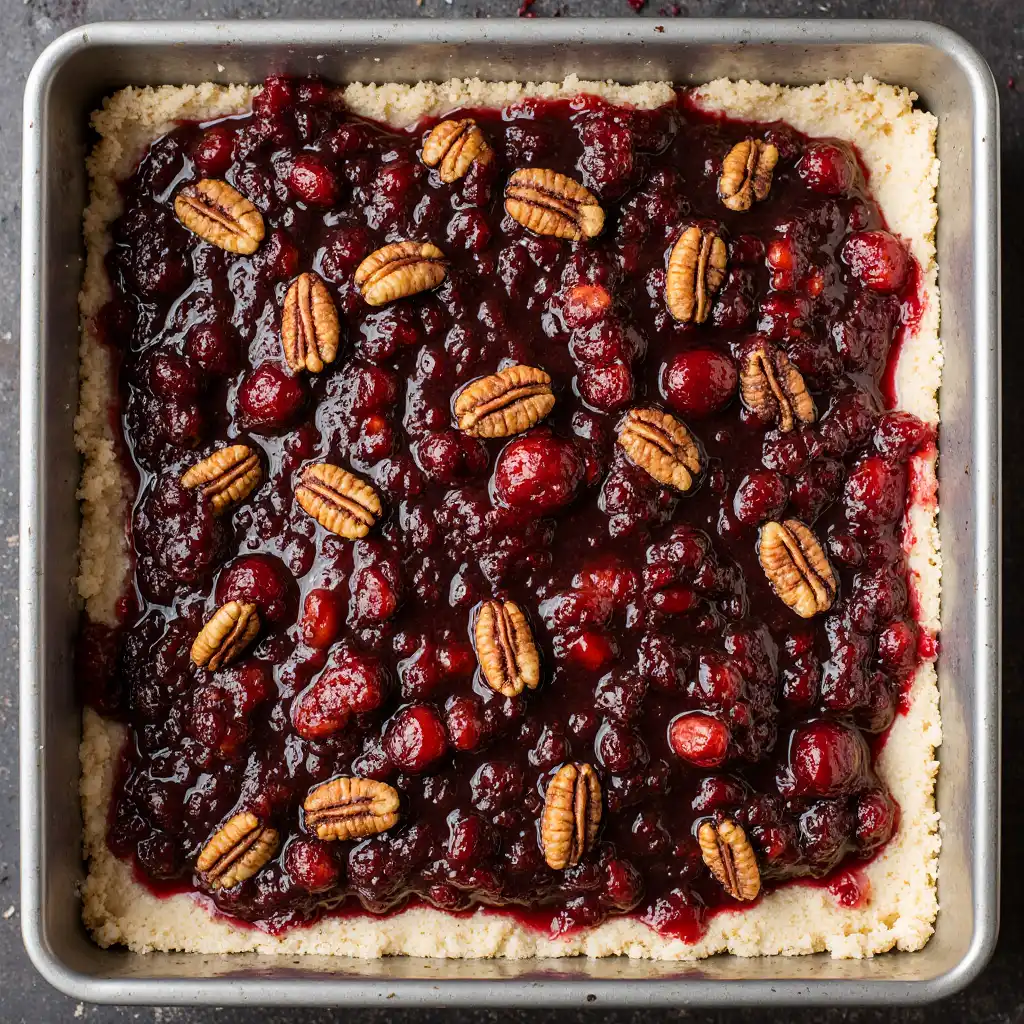 Cranberry pecan filling spread over baked oat crust.