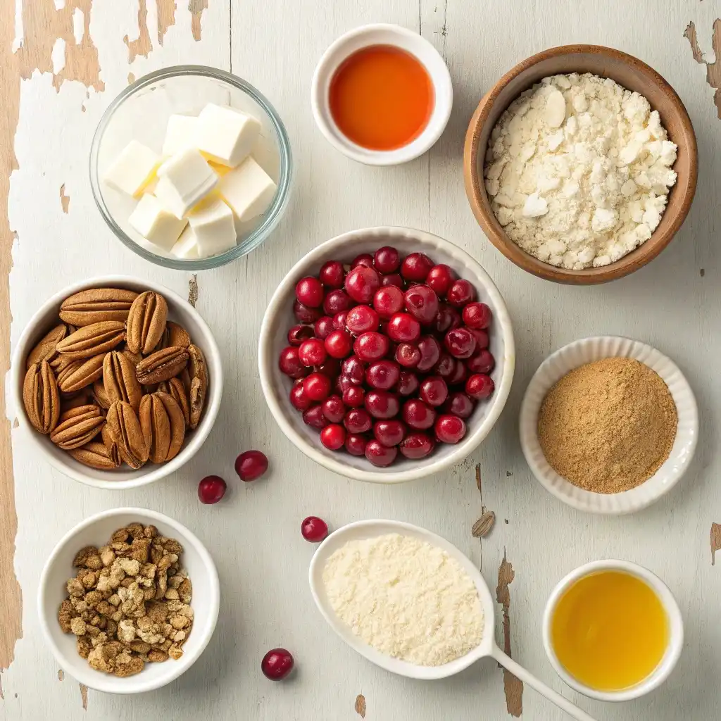 Ingredients for cranberry pecan pie bars including cranberries, pecans, oats, and maple syrup.
