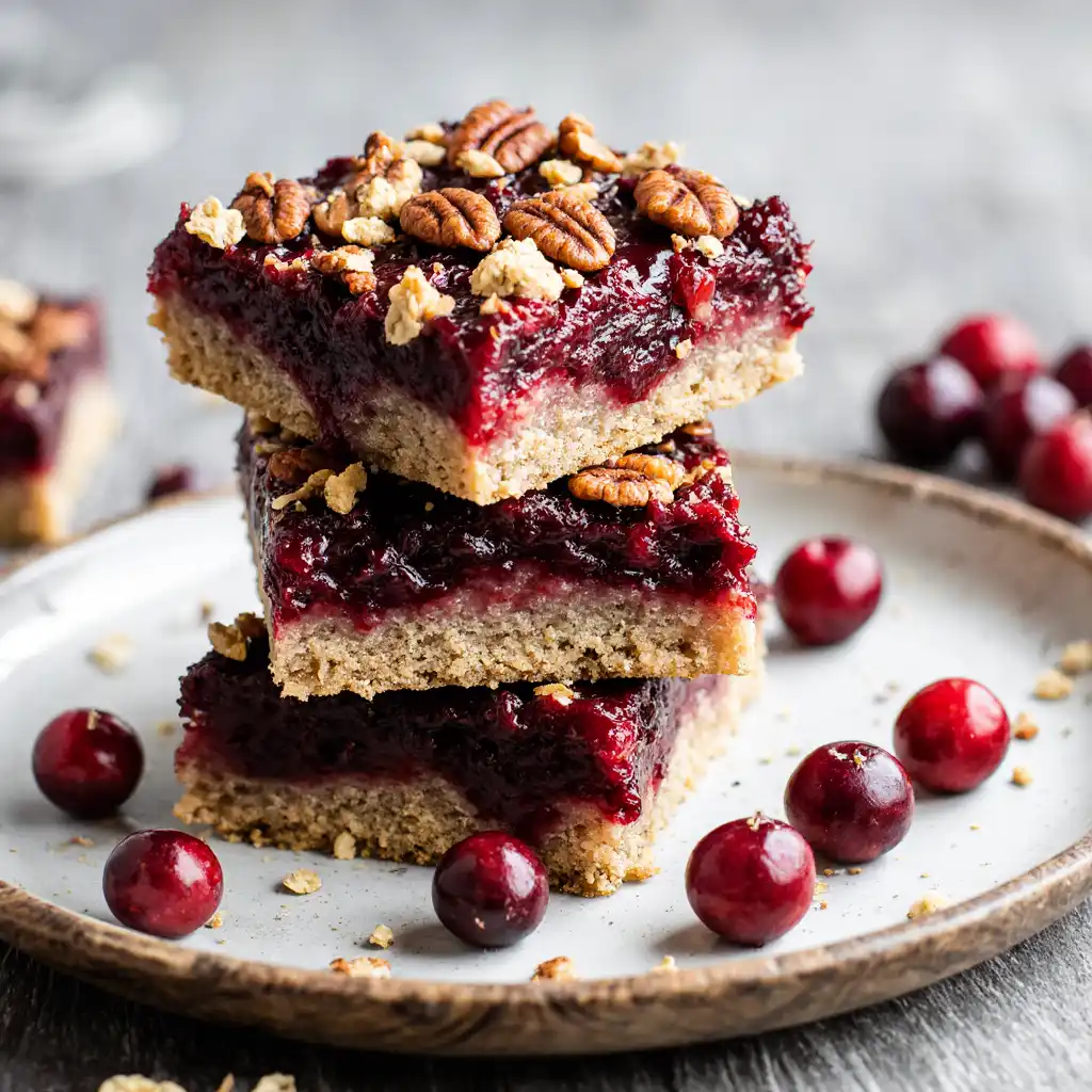 Stack of cranberry pecan pie bars with gooey filling and crunchy pecans.
