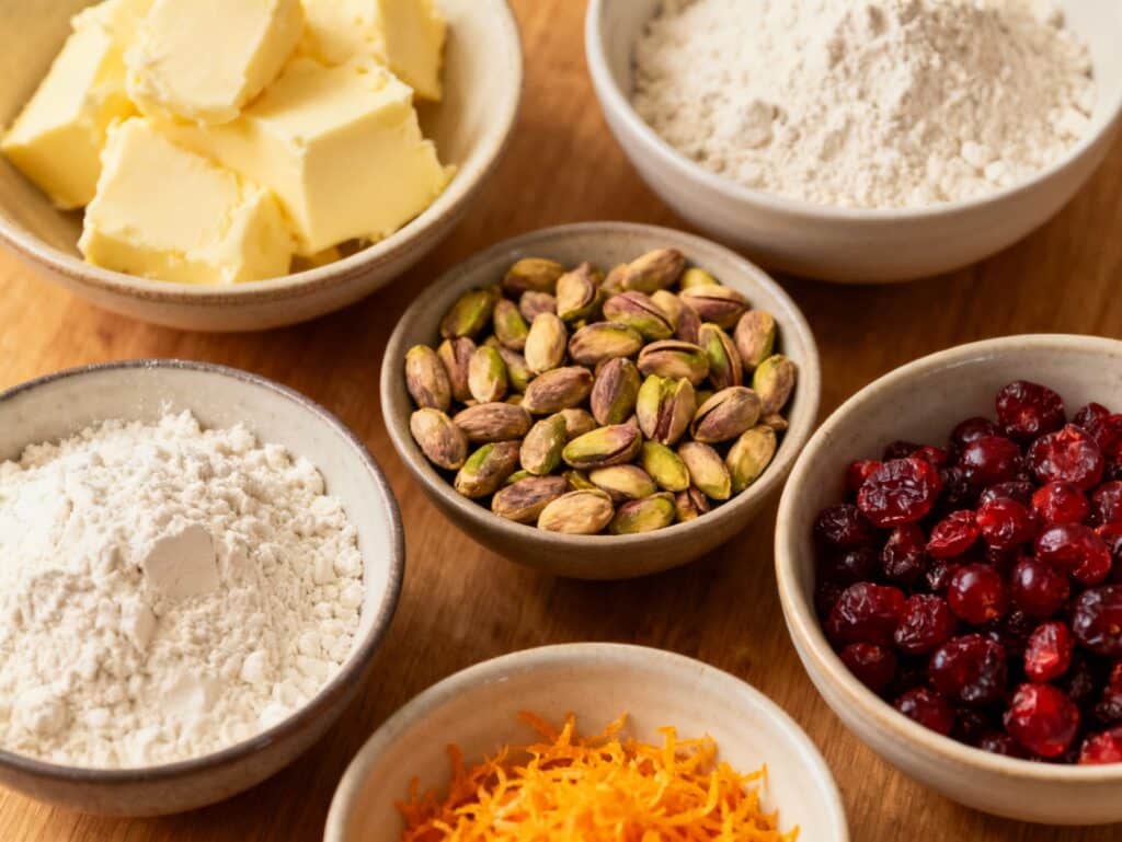Ingredients for cranberry pistachio shortbread cookies