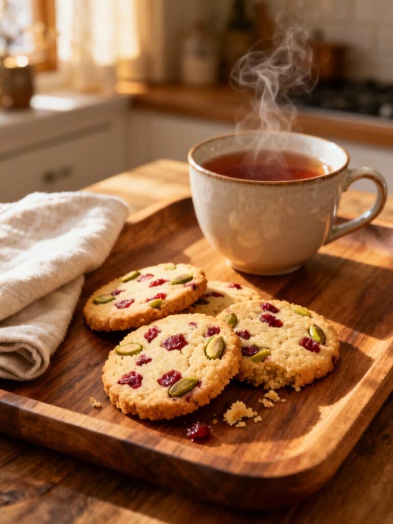 Cranberry pistachio shortbread cookies served with tea