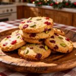Cranberry pistachio shortbread cookies stacked on a plate