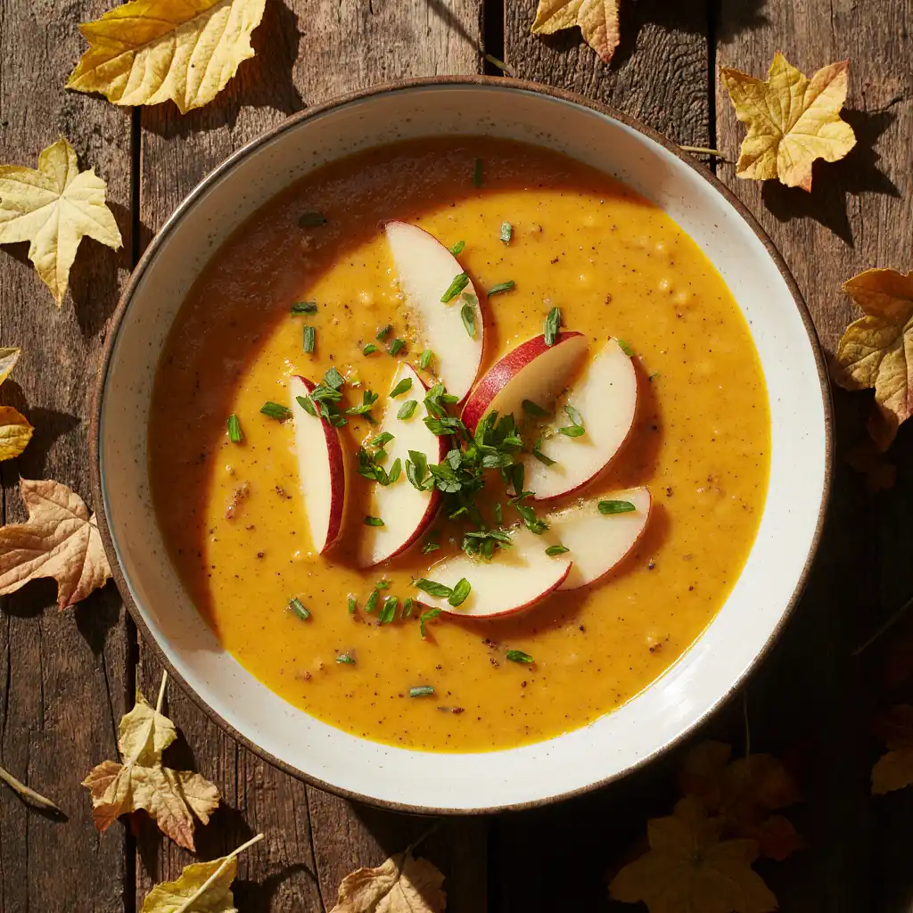 creamy butternut squash soup with apple in a rustic bowl