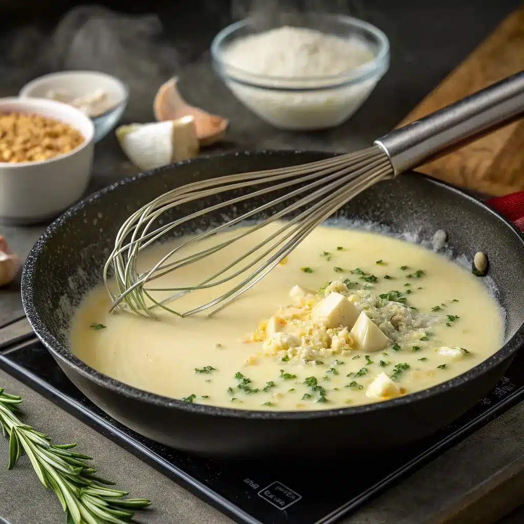 Creamy garlic sauce in a skillet being whisked for green bean casserole
