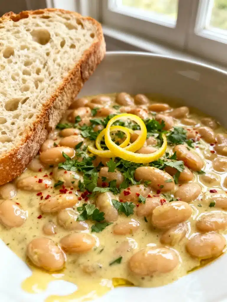 Creamy Lemon Garlic Butter Beans in a glossy lemon-garlic sauce