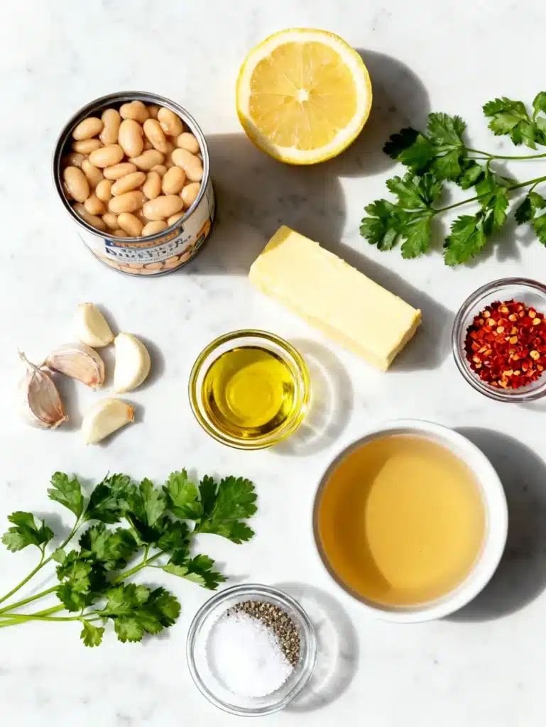 Ingredients for Creamy Lemon Garlic Butter Beans laid out