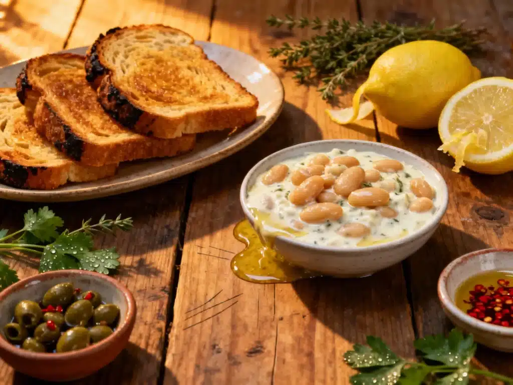 Creamy Lemon Garlic Butter Beans served with toast and toppings