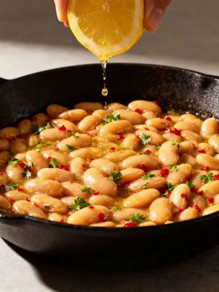 Finished Creamy Lemon Garlic Butter Beans with herbs and lemon