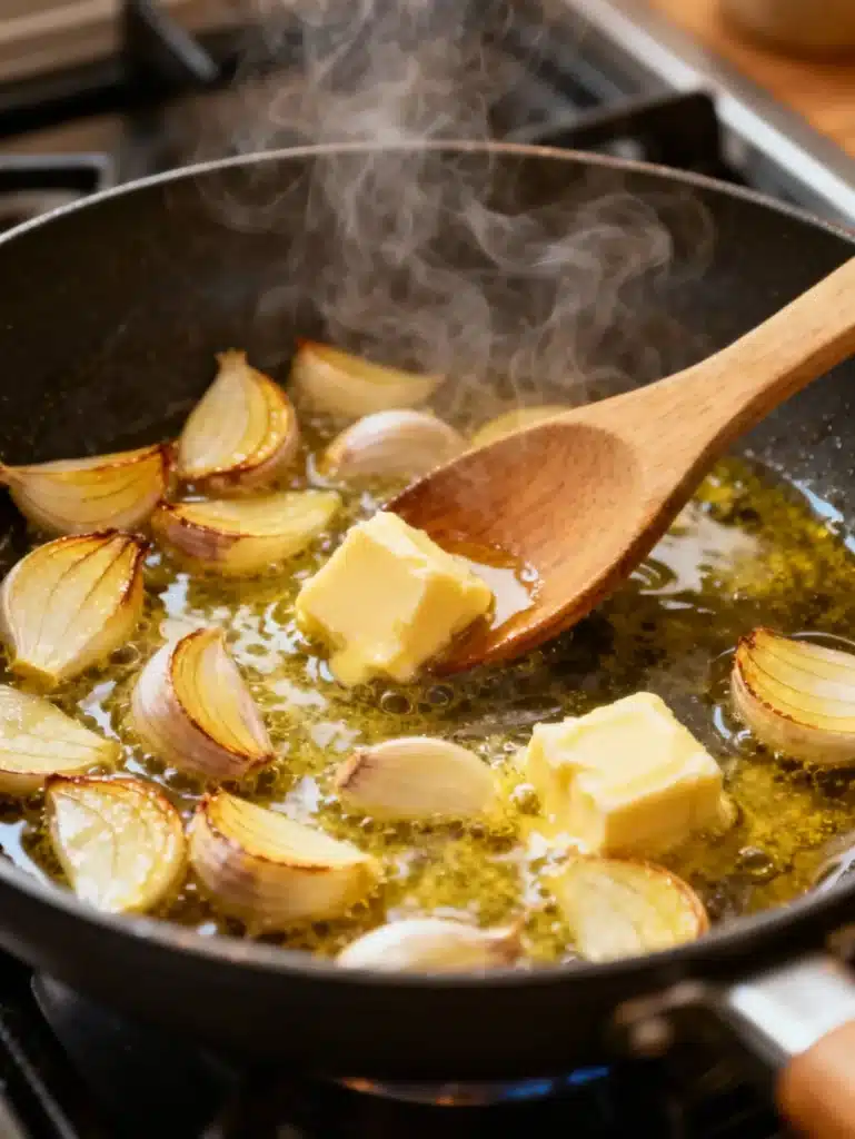 Garlic blooming in butter and oil for Creamy Lemon Garlic Butter Beans